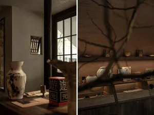 A modern retail storefront featuring a wooden display with various items on shelves and a window with wooden shutters.