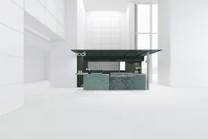 Modern coffee shop design featuring marble finishes