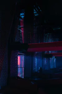 A dimly lit nightclub interior with metallic patterned walls and neon lighting.