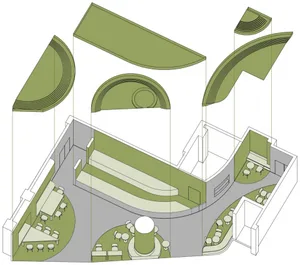 An isometric view of a modern indoor space floor plan featuring a combination of tile surfaces and a minimalist aesthetic.