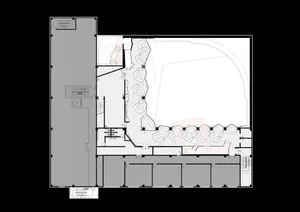 A detailed 2D architectural drawing depicting a modern interior space with a focus on concrete materials and scale.