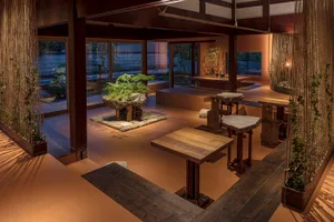 A modern living space featuring wooden furniture and a central stone plant display.