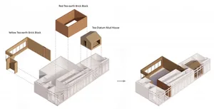 A detailed architectural illustration showcasing various tea-earth brick blocks in an indoor setting.