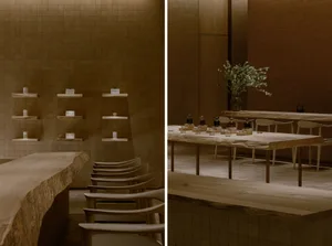 A modern restaurant interior featuring natural wood materials.