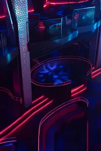 Modern nightclub interior with metallic and plastic seating, illuminated by LED lighting, featuring a concrete floor.