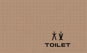 Minimalist illustration of a toilet symbol, featuring two stylized human figures adjacent to a bathroom icon on a dotted back