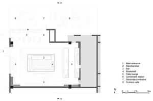 A modern commercial interior design with a neutral color palette and an open layout featuring a bar, cafe lounge, and bookshe