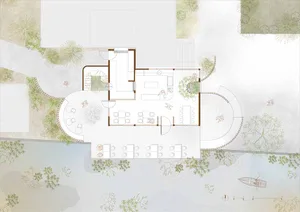 Floor plan of a modern residential house with a central courtyard and multiple living spaces.