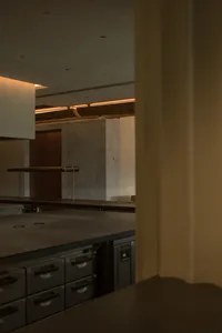Modern minimalist commercial interior design featuring a concrete countertop.