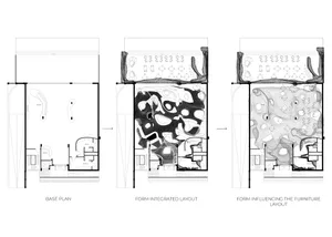 Progressive stages of a building's architectural design transitioning from initial planning to final rendered space.