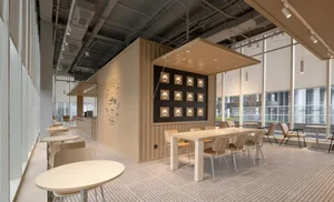 Modern coffee shop featuring wood and metal materials