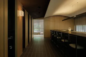 A modern restaurant bar with wooden interior, featuring a long counter and chairs, large windows, and soft lighting.