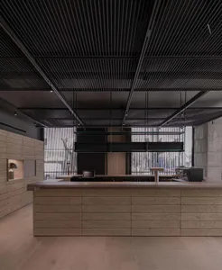 Concrete coffee shop counter with industrial design elements
