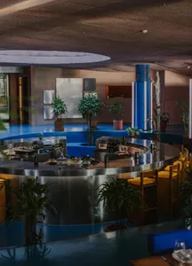 Modern restaurant bar with a metal counter and a concrete base surrounded by potted plants.