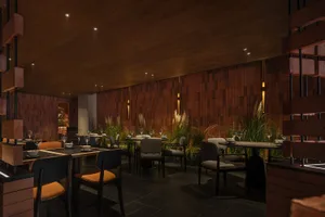 A modern restaurant interior with wooden walls, concrete finishes, and glass elements.