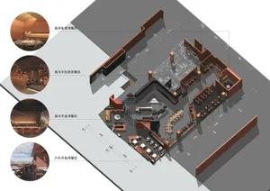 A 3D rendering of a restaurant food court layout featuring various dining zones.