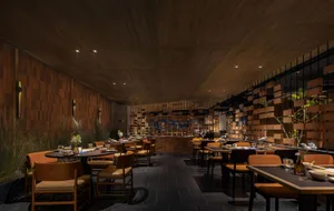 A modern restaurant interior featuring wooden materials and contemporary design elements.