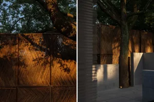A bamboo fence in an outdoor space with large trees.