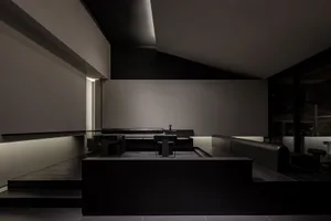 Modern minimalist living room featuring mixed materials and sleek lines.