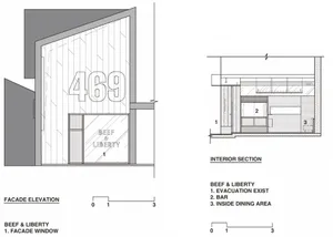 A technical floor plan of Beef & Liberty, featuring an interior section and a facade elevation with dimensions and labels.
