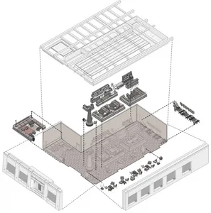 2D architectural drawing illustrating an interior design layout with various rooms and furniture arrangements.