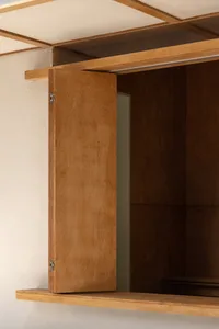 Modern wooden cabinet with an open door, showcasing minimalist design.