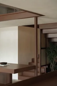 A modern living area with wood elements.