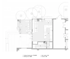 Architectural drawing of a restaurant floor plan with sections labeled for outdoor seating, seating areas, bar counter, and k