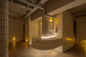 Industrial-style bathroom with tiled walls and ceiling.