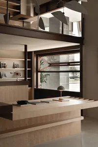 A modern reception desk with a wooden material and a minimalist design.