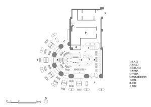 Floor plan of a modern restaurant with various seating areas, a bar, kitchen, and outdoor seating.