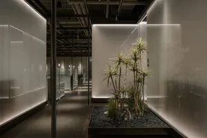 A minimalist corridor featuring glass planters with greenery, set against a neutral background.