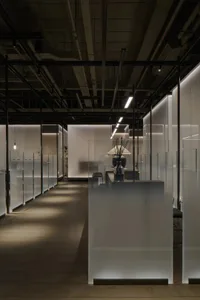 Modern office space featuring frosted glass panels and minimalist design.