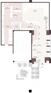 A detailed, 2D architectural drawing of a modern bakery's interior design, showcasing the layout of functional zones such as 