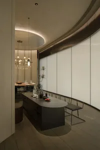 Modern restaurant interior with glass wall, wooden floor, and metallic accents.