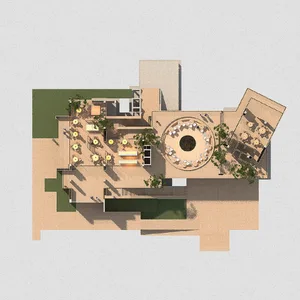 Top-down view of an outdoor lounge area with concrete and wood materials.