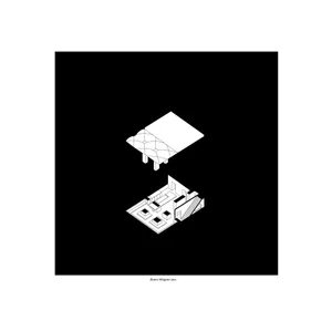 A black and white isometric line drawing depicting an industrial-style interior space.