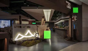 A modern hallway in a restaurant with wooden accents and concrete elements, adorned with plants and illuminated by green scre