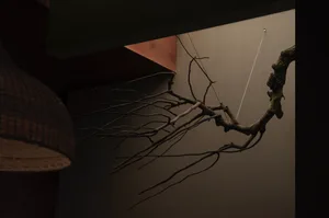 Modern interior design featuring metallic tree twigs on wall