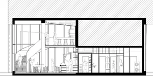 Detailed architectural section of a modern glass bar and lounge space.
