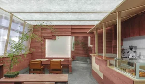 A modern coffee shop with terracotta walls and a minimalist design.