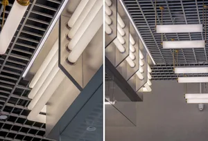 Modern, industrial-style lighting fixture made of metal.