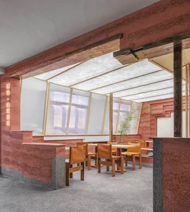 A modern restaurant interior with red concrete walls and wooden furniture.