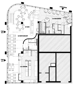 Detailed restaurant layout including areas like 'La Brasserie', 'Le Bar', 'Le Restaurant', and 'La Cuisine'.