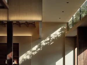 Modern residential interior with wooden walls and shadows from surrounding foliage.