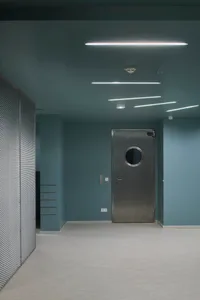 A hospital corridor featuring a steel door with a circular window, surrounded by a metal mesh fence and a gray floor.