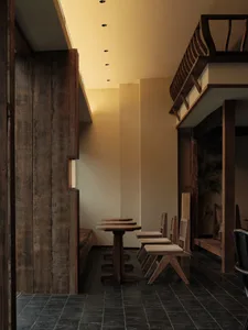 Modern minimalist cafe interior featuring wooden tables and chairs
