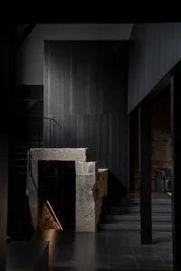 A modern hotel entryway featuring dark wooden walls and flooring, creating a sleek and sophisticated atmosphere.
