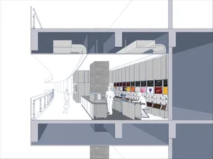 工業風咖啡廳的詳細3D透視圖，展現金屬與混凝土設計元素。