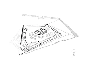 A detailed architectural plan of an office building with structural elements like metal beams and lines.